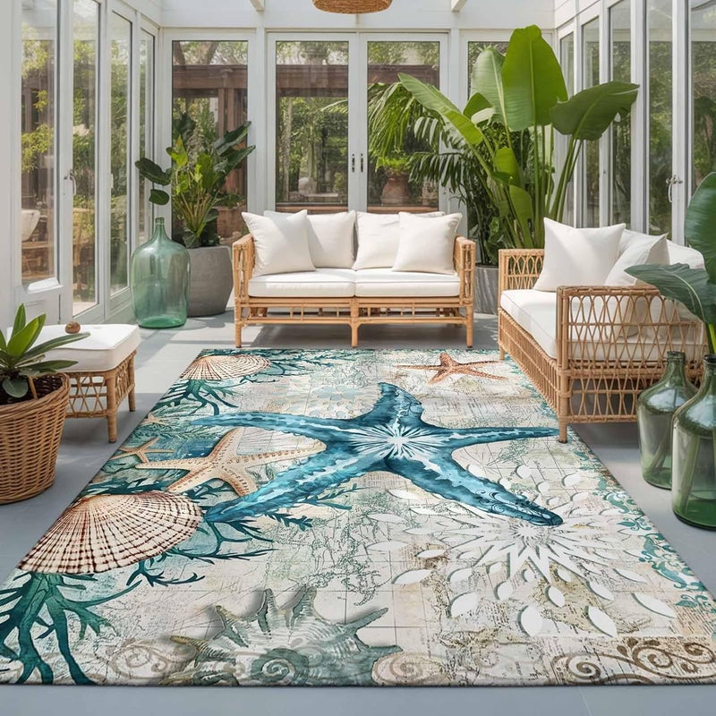 Hallway Runner Rug 2.7'x5', Coastal Starfish Washable Bathroom Area Rugs for Kitchen Bedroom Laundry, Ocean Coral Starfish Nautical Map Non Slip Door Mat Indoor Entrance Floor Throw Bedsides Carpet - Image 4