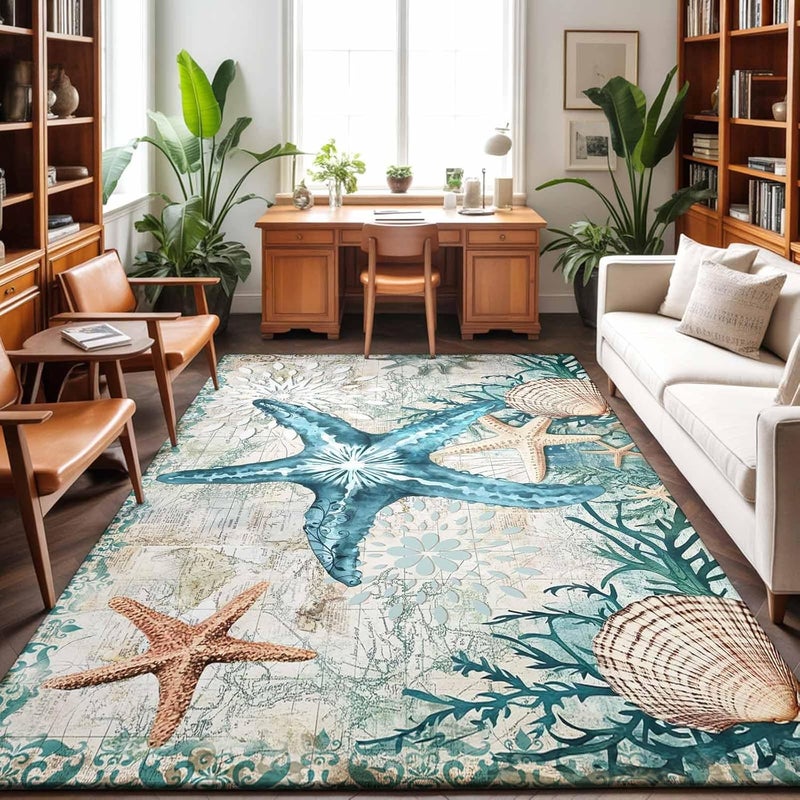 Hallway Runner Rug 2.7'x5', Coastal Starfish Washable Bathroom Area Rugs for Kitchen Bedroom Laundry, Ocean Coral Starfish Nautical Map Non Slip Door Mat Indoor Entrance Floor Throw Bedsides Carpet - Image 1