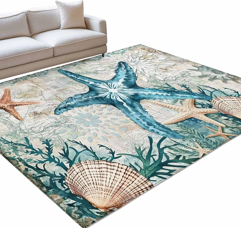 Hallway Runner Rug 2.7'x5', Coastal Starfish Washable Bathroom Area Rugs for Kitchen Bedroom Laundry, Ocean Coral Starfish Nautical Map Non Slip Door Mat Indoor Entrance Floor Throw Bedsides Carpet - Image 3