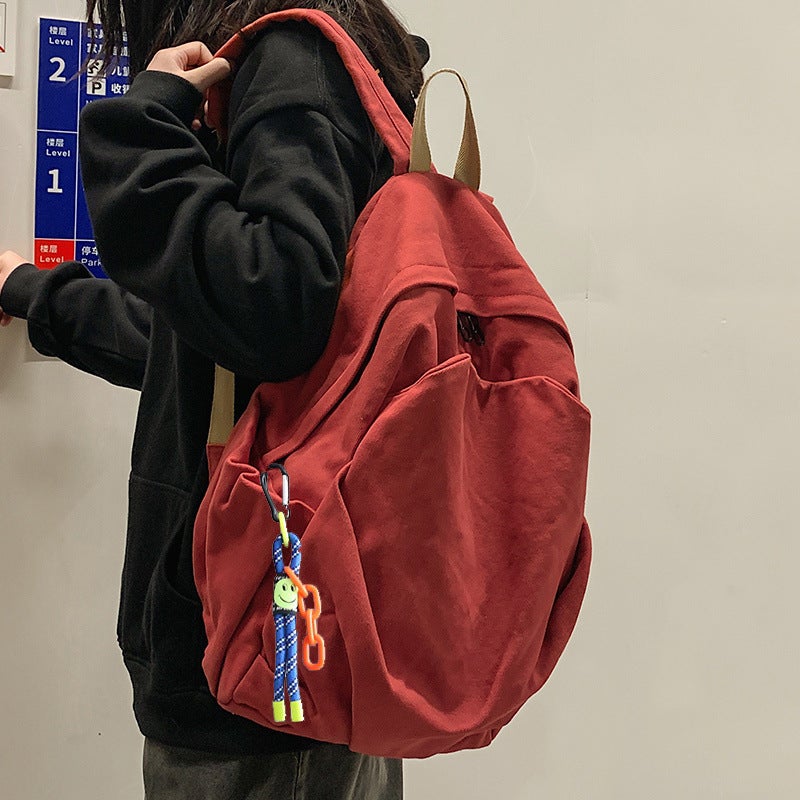 Japanese And Korean Casual Large-Capacity School Bag Forest Style Literary Youth Simple Pure Color Unprinted Canvas Backpack - Image 3