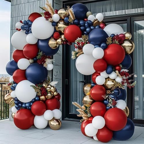 Partycus Red White Blue Balloon Arch Double Stuffed Navy Blue Dark Ruby Red Balloon Garland Kit with Latex Gold for Birthday 4th Of July Patriot Graduation Independence Day Veterans Day Party Decoration - Image 1