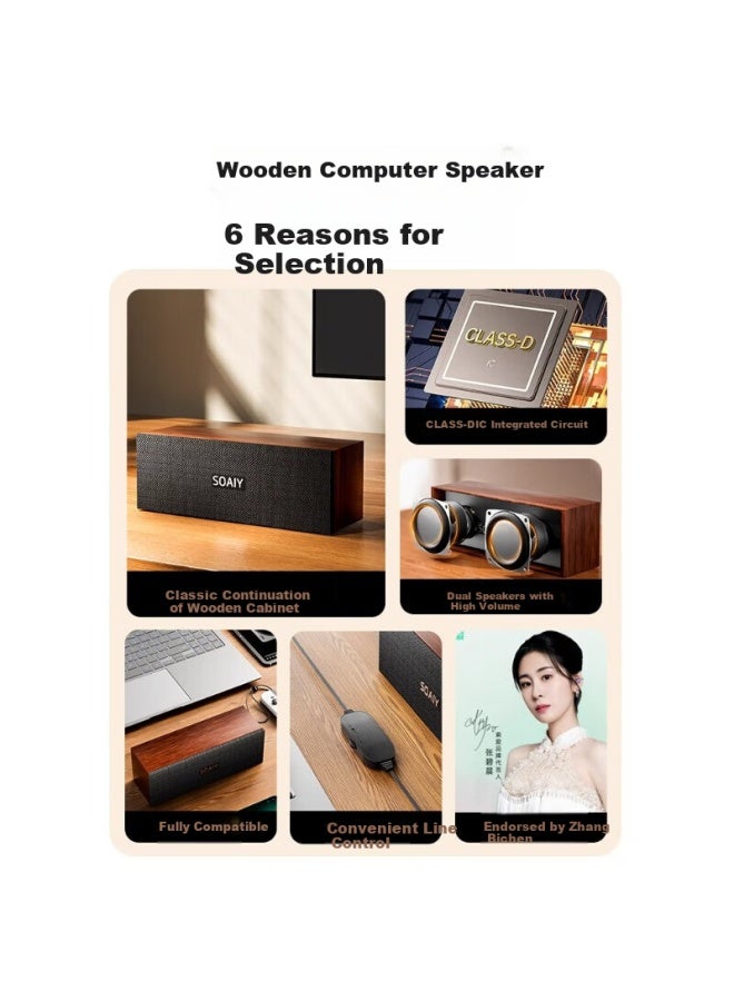 SOAIY Sd-88 Computer Speakers, Desktop Home Laptop Portable, High-quality Sound, Wooden Retro Design, Wired Usb Small Speakers, Dual Speakers With Volume Control - Image 1
