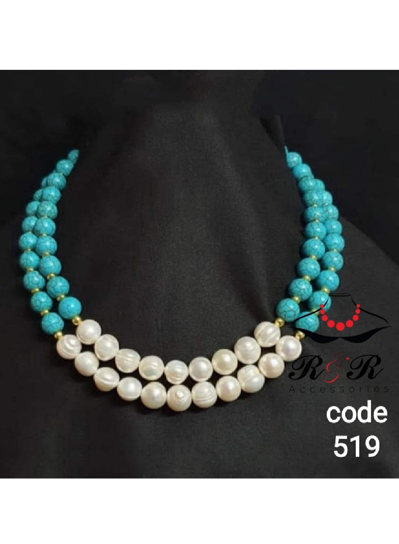 R&R A women's necklace of natural pearls, natural turquoise