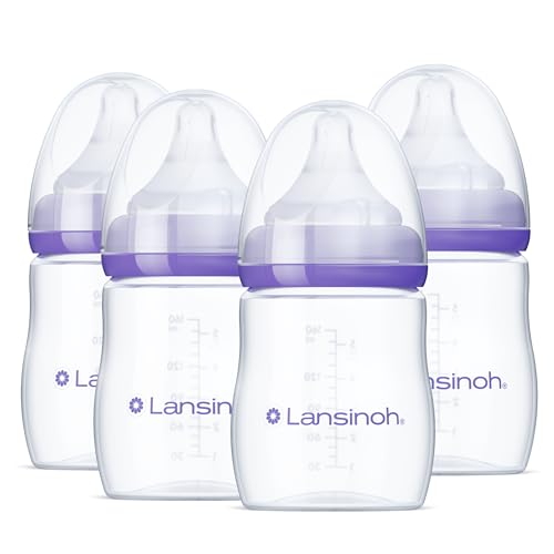 Lansinoh AntiColic Baby Bottles BPAFree Plastic 5 Ounces 4 Count Extra Slow Flow Nipples Size XS Breastfeeding Bottle with NaturalWave Design - Image 1