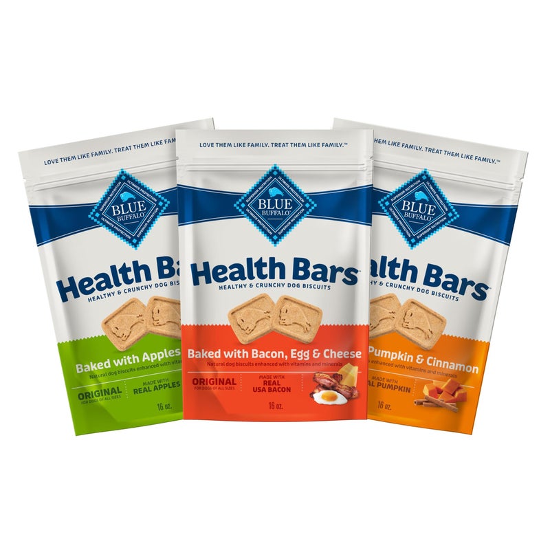 Blue Buffalo Health Bars Crunchy Dog Biscuits, Variety Pack, Bacon, Egg & Cheese, Apple & Yogurt, Pumpkin & Cinnamon, 16-oz Bags - Image 1