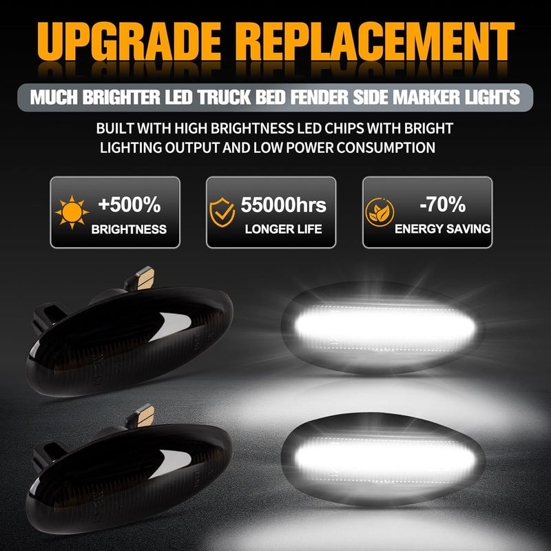Gempro White LED Dually Fender Side Marker Lights for 2001-2014 Chevy Silverado GMC Sierra 2500 3500 - Smoked Lens, 4PCS - Image 2