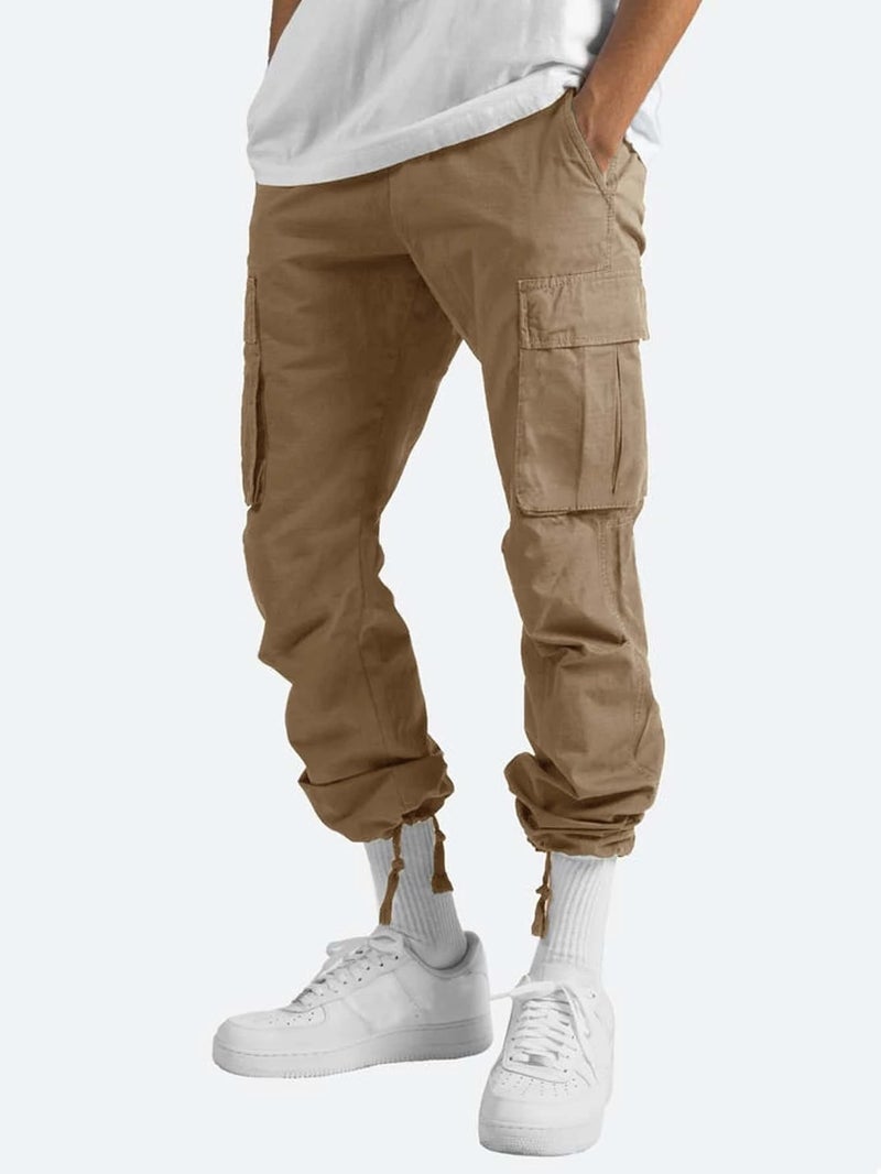 Summer Mens Cargo Pants with Elastic Waist Khaki 