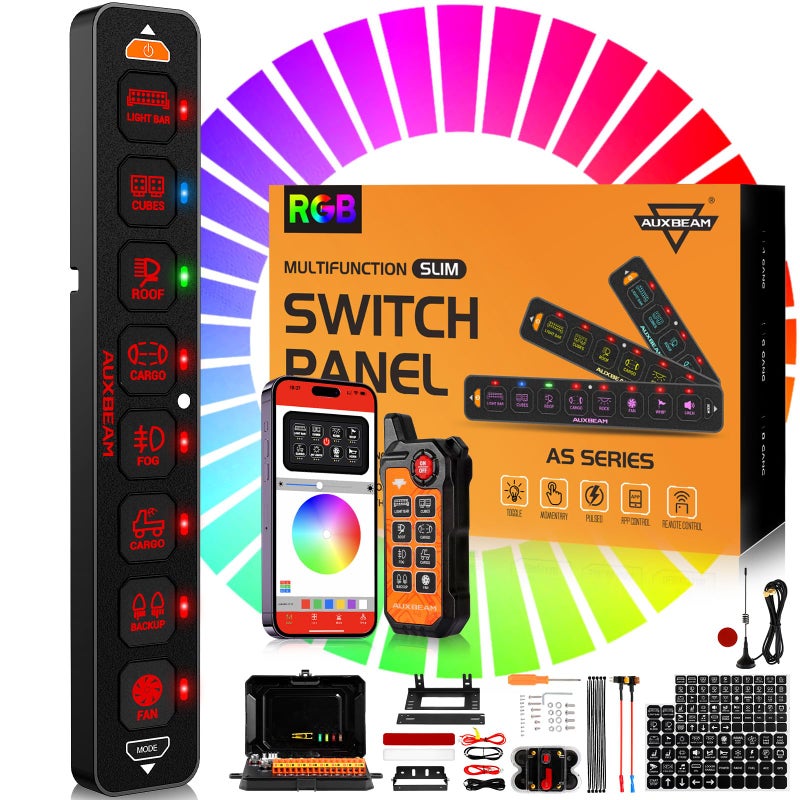 Auxbeam 8 Gang Slim Switch Panel Bluetooth RGB AS800 with APPRemote Control Toggle Momentary Pulsed 80A Switch Pod Off Backlight for 1224V Truck Offroad UTV ATV Car Marine 3 Years Warranty - Image 2