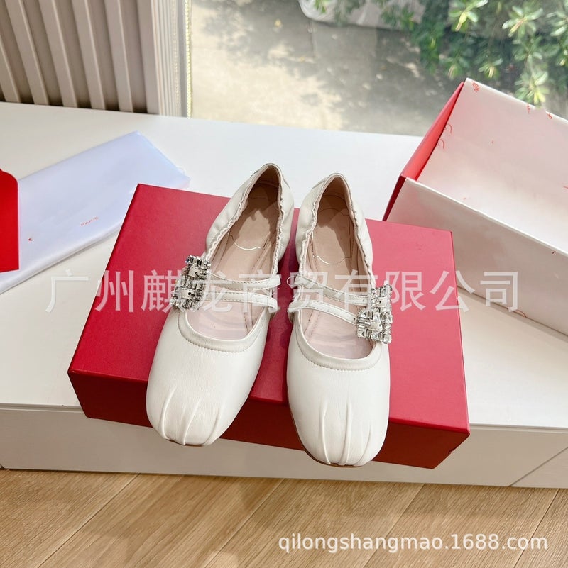 High-End Shallow Pleated Lambskin Rhinestone Double Buckle Flat Ballet Shoes Single Shoes Mary Jane Shoes - Image 3