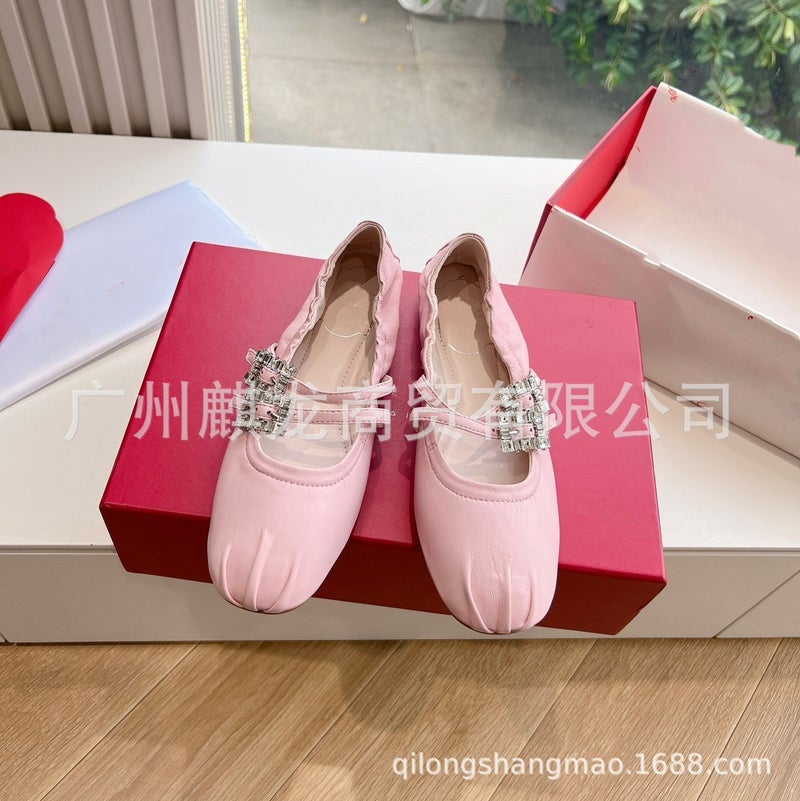 High-End Shallow Pleated Lambskin Rhinestone Double Buckle Flat Ballet Shoes Single Shoes Mary Jane Shoes - Image 5