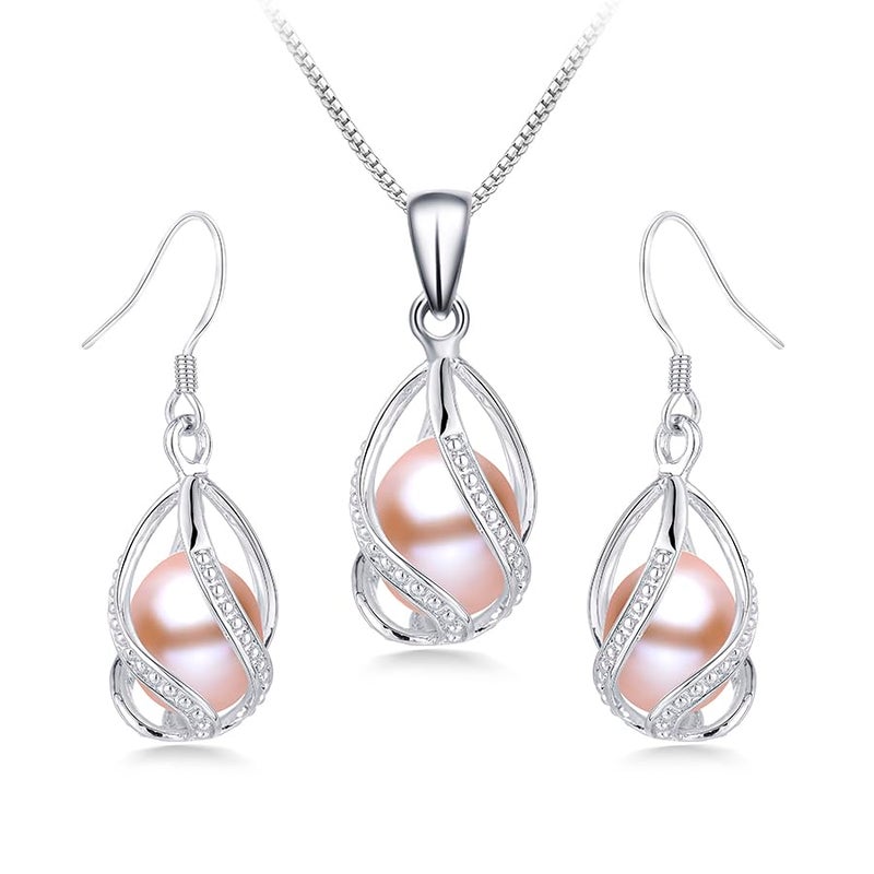 HENGSHENG Pearl Jewelry Set For Women S925 Sterling Silver Necklace & Earrings Set Freshwater Pearl Pendant Cage Set for Wedding Anniversary Prom Birthday Gift - Silvery Pink - Image 1