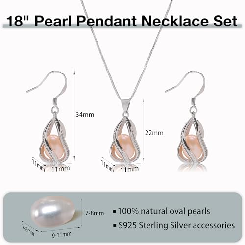 HENGSHENG Pearl Jewelry Set For Women S925 Sterling Silver Necklace & Earrings Set Freshwater Pearl Pendant Cage Set for Wedding Anniversary Prom Birthday Gift - Silvery Pink - Image 3