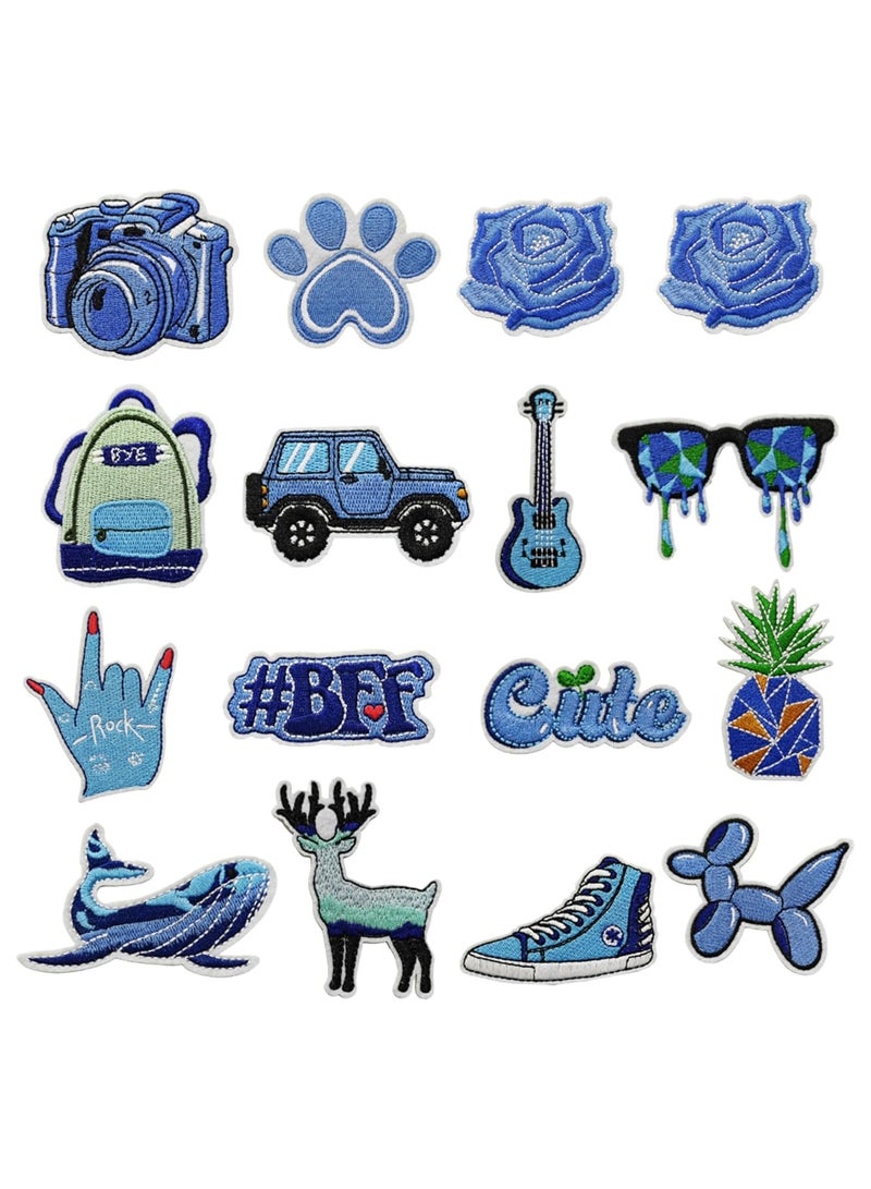 16 PCS Assorted Styles Iron On Patch Guitar Suitcase Embroidered Patch Blue Appliques Stickers Kit for Clothing, Jackets, Backpacks, Jeans, Applique DIY Accessory - Image 1