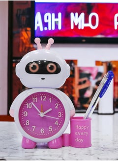BABAZAM Modern Analog Battery Powered Alarm Clock Robot in Style with Pen Holder Battery Powered for Home Office Students Kids Bedroom Pink  - Image 3