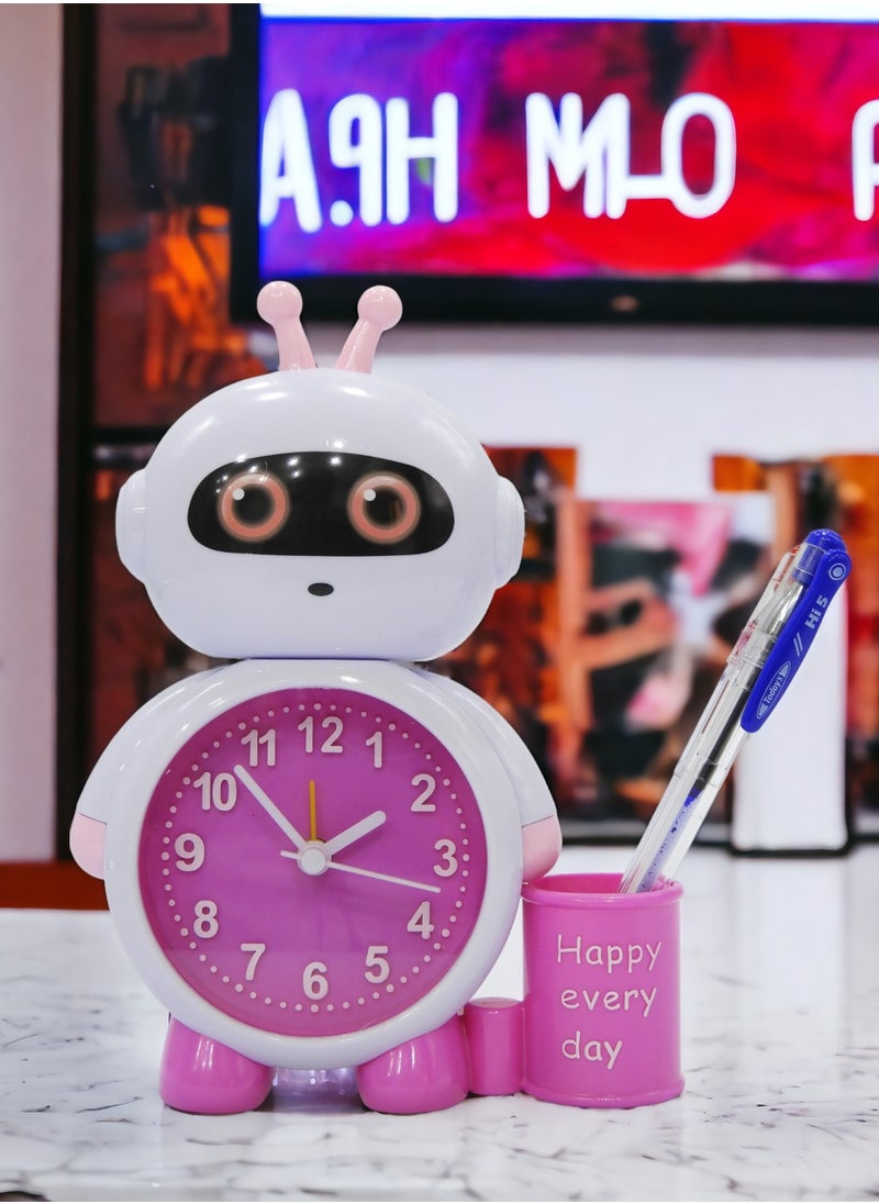 BABAZAM Modern Analog Battery Powered Alarm Clock Robot in Style with Pen Holder Battery Powered for Home Office Students Kids Bedroom Pink  - Image 3