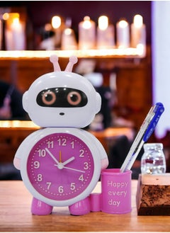 BABAZAM Modern Analog Battery Powered Alarm Clock Robot in Style with Pen Holder Battery Powered for Home Office Students Kids Bedroom Pink  - Image 4