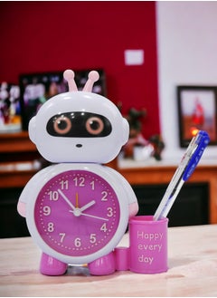 BABAZAM Modern Analog Battery Powered Alarm Clock Robot in Style with Pen Holder Battery Powered for Home Office Students Kids Bedroom Pink  - Image 5