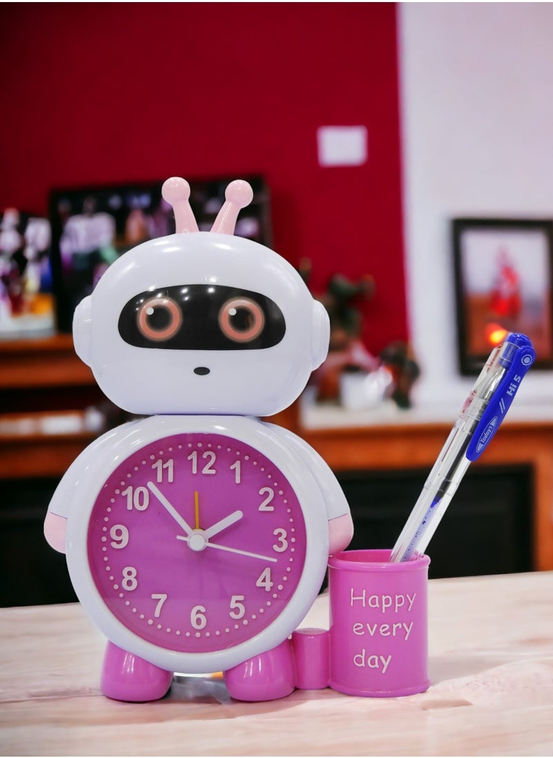 BABAZAM Modern Analog Battery Powered Alarm Clock Robot in Style with Pen Holder Battery Powered for Home Office Students Kids Bedroom Pink  - Image 5