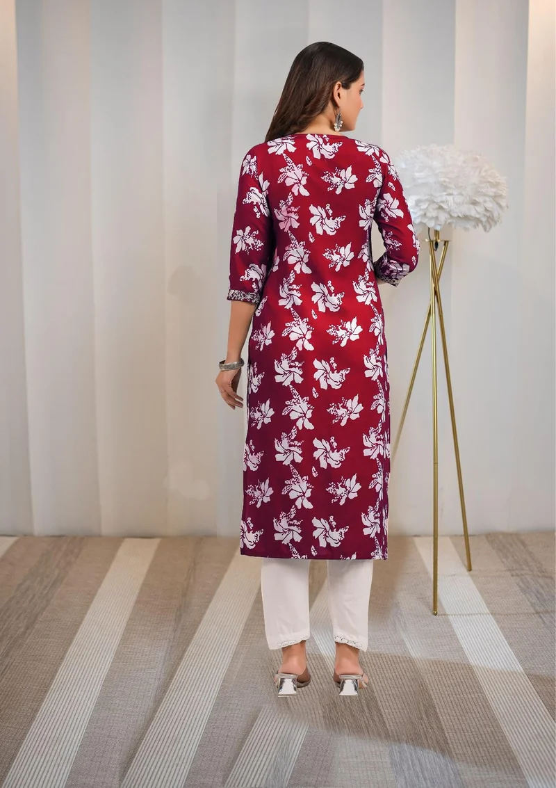 GoSriKi مزيج رايون نسائي مطرز بلون كورتا وردي مستقيم