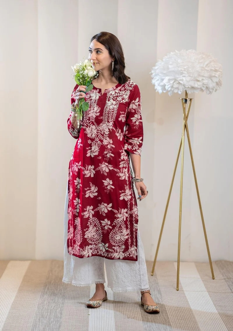 GoSriKi Pink GoSriKi Women's Rayon Blend Chikankari Embroidered Straight Kurta (SCEROS PINK-GS_3XL_Pink_XXX-Large) for Women | Best Price UAE