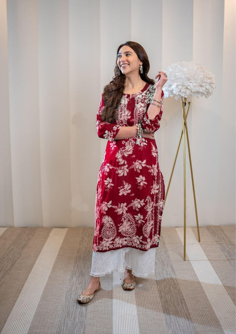 GoSriKi Women's Rayon Blend Chikankari Embroidered Straight Kurta - Image 1
