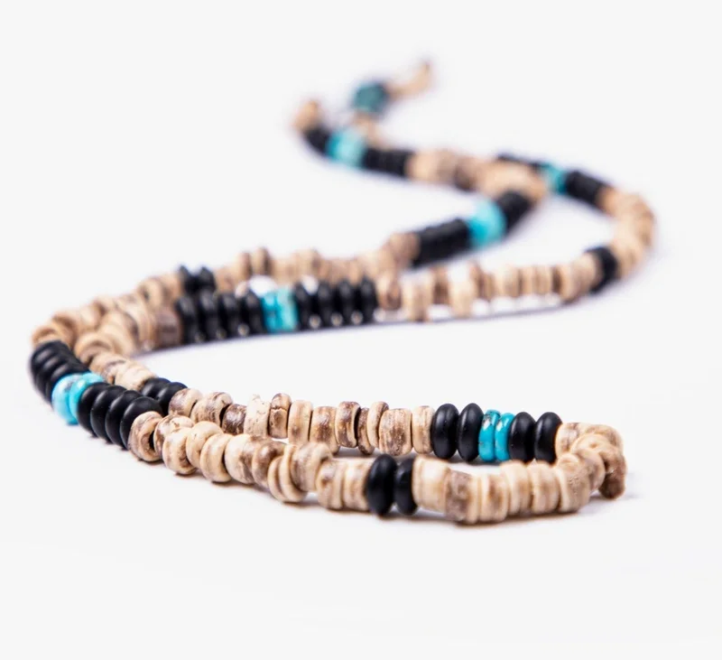 Minza  Minza “Turquoise Wood” Men’s Necklace, Natural Turquoise, Ebony Wood & Onyx Beads, Handmade Adjustable Hemp Cord Necklace, Jewelry for Casual & Everyday Wear. for Men | Best Price UAE