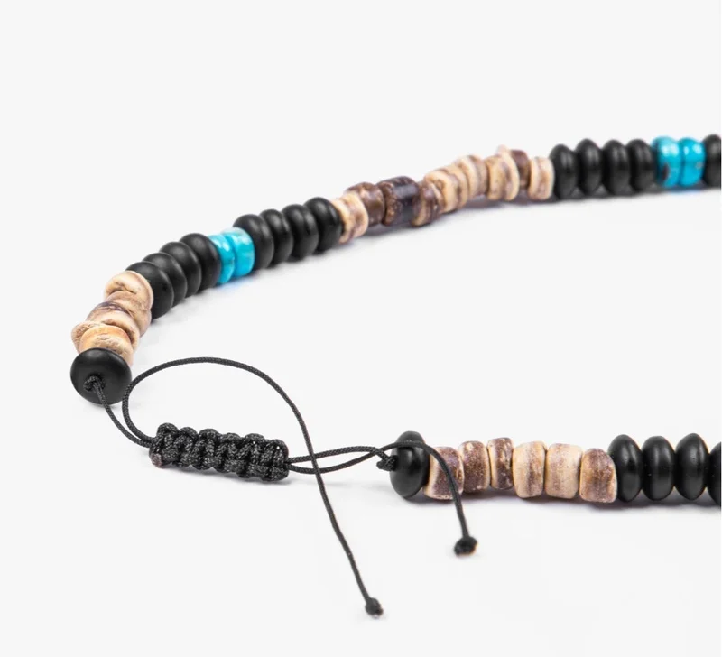 Minza  Minza “Turquoise Wood” Men’s Necklace, Natural Turquoise, Ebony Wood & Onyx Beads, Handmade Adjustable Hemp Cord Necklace, Jewelry for Casual & Everyday Wear. for Men | Best Price UAE