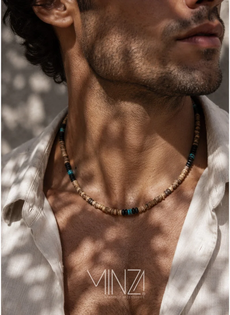 Minza Minza “Turquoise Wood” Men’s Necklace, Natural Turquoise, Ebony Wood & Onyx Beads, Handmade Adjustable Hemp Cord Necklace, Jewelry for Casual & Everyday Wear.