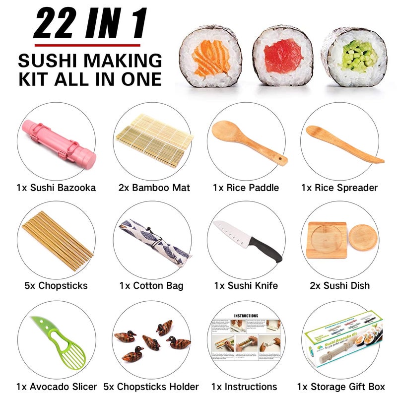 Smiletools Sushi Making Kit For Beginners - 22 Piece Diy Sushi Roller Kit With Bamboo Sushi Rolling Mat  Sushi Bazooka  Chef'S Knife  Chopsticks  Holder - Best Starter Sushi Kit (Pink) - Image 2
