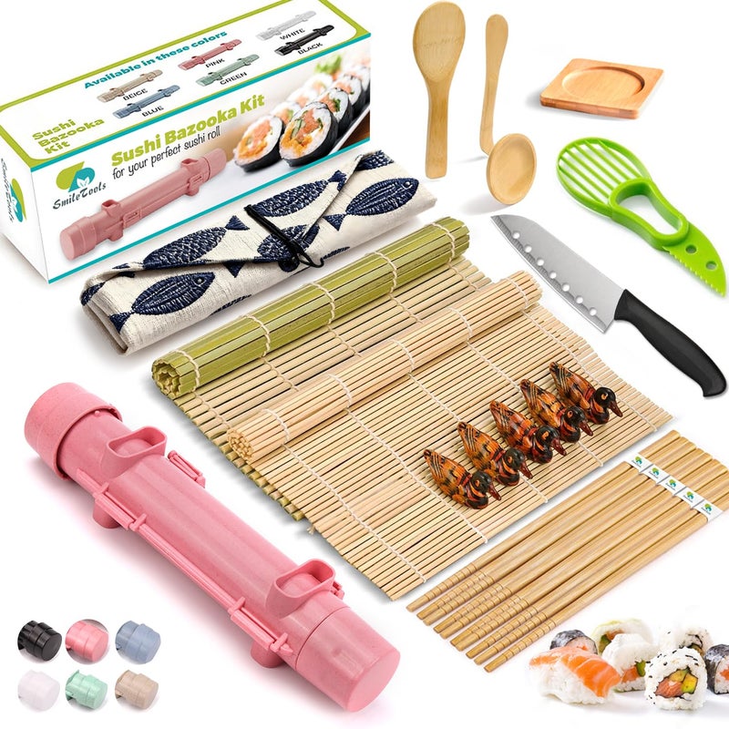 Smiletools Sushi Making Kit For Beginners - 22 Piece Diy Sushi Roller Kit With Bamboo Sushi Rolling Mat  Sushi Bazooka  Chef'S Knife  Chopsticks  Holder - Best Starter Sushi Kit (Pink) - Image 1
