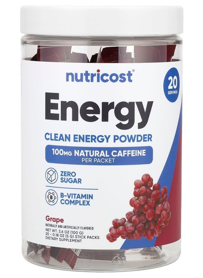 Nutricost Energy Clean Energy Powder Grape 20 Stick Packs 0.18 oz (5 g) Each
