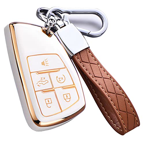 Cacacar Key Fob Cover for Chevy GMC with Keychain Silverado Sierra Tahoe Suburban Equinox Traverse Yukon Denali Terrain Buick Envision Premium Soft TPU Case 5 Buttons Ivory - Image 1