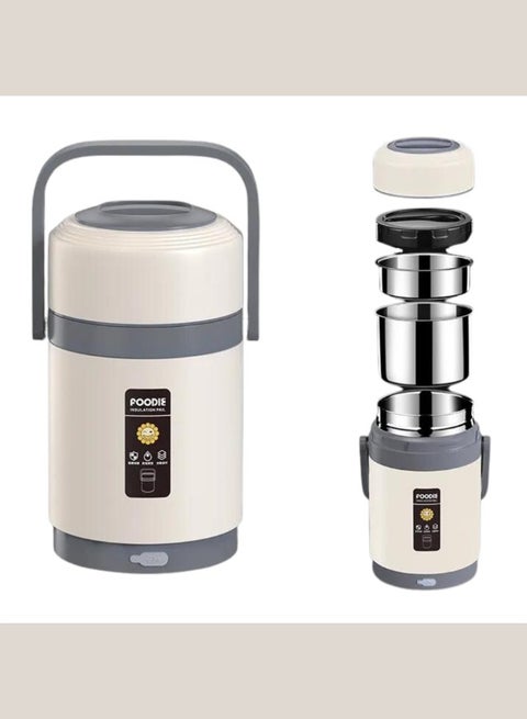 صندوق غداء معزول بمنفذ USB، مجموعة صندوق غداء محمولة، صندوق غداء معزول من الفولاذ المقاوم للصدأ 304، صندوق غداء بينتو، حاوية تدفئة الأرز، وعاء طعام، وعاء ساخن أبيض اللون 2 لتر.