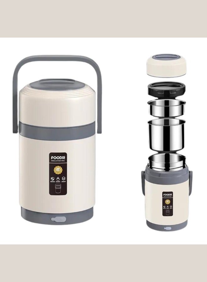 صندوق غداء معزول بمنفذ USB، مجموعة صندوق غداء محمولة، صندوق غداء معزول من الفولاذ المقاوم للصدأ 304، صندوق غداء بينتو، حاوية تدفئة الأرز، وعاء طعام، وعاء ساخن أبيض اللون 2 لتر.