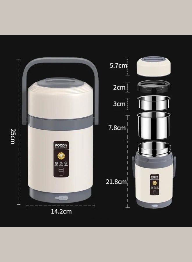 صندوق غداء معزول بمنفذ USB، مجموعة صندوق غداء محمولة، صندوق غداء معزول من الفولاذ المقاوم للصدأ 304، صندوق غداء بينتو، حاوية تدفئة الأرز، وعاء طعام، وعاء ساخن أبيض اللون 2 لتر.