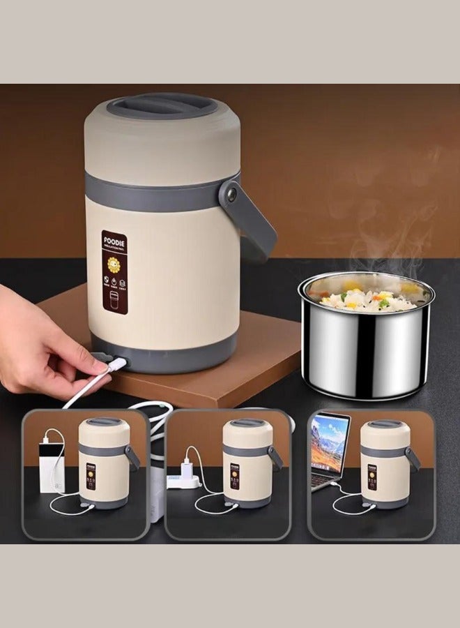 صندوق غداء معزول بمنفذ USB، مجموعة صندوق غداء محمولة، صندوق غداء معزول من الفولاذ المقاوم للصدأ 304، صندوق غداء بينتو، حاوية تدفئة الأرز، وعاء طعام، وعاء ساخن أبيض اللون 2 لتر.