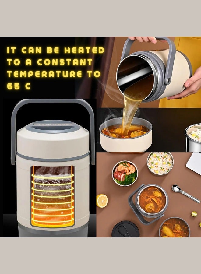 صندوق غداء معزول بمنفذ USB، مجموعة صندوق غداء محمولة، صندوق غداء معزول من الفولاذ المقاوم للصدأ 304، صندوق غداء بينتو، حاوية تدفئة الأرز، وعاء طعام، وعاء ساخن أبيض اللون 2 لتر.