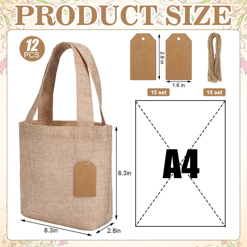 Aliceset 24 Pcs Mini Burlap Tote Bags with Handles Reusable Burlap Gift Bags with Tags Small Wedding Welcome Bridesmaids Jute Bag Bulk for Party Supplies DIY Craft (10 x 10 x 3.5 Inch,Light Brown) - Image 2
