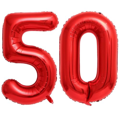 Lovoir بالونات رقم 50 حمراء 40 بوصة بالونات عملاقة رقم 50 بالونات فويل مايلار هيليوم بالونات رقم حمراء لاحتفالات عيد الميلاد الخمسين لوازم الحفلات ذكرى الحدث زينة - Image 1