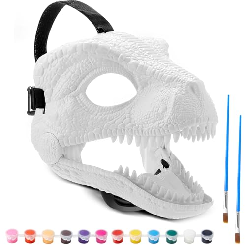 Seenelling 1 Pc DIY White Hard Plastic Dino Mask Moving Jaw Kit with Paint Dinosaur Mask Trex Jurassic for Kids - Image 1