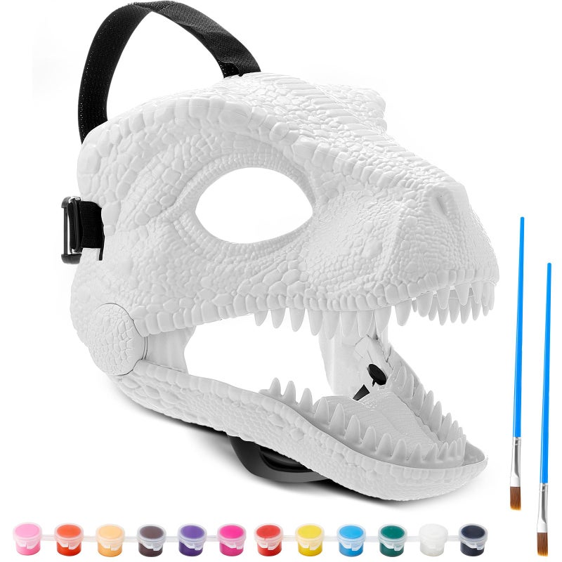 Seenelling 1 Pc DIY White Hard Plastic Dino Mask Moving Jaw Kit with Paint Dinosaur Mask Trex Jurassic for Kids - Image 2
