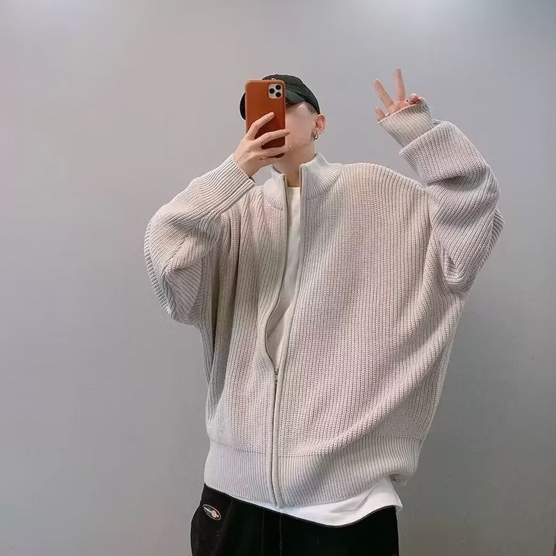 Simple Personality Autumn and Winter National Fashion High Street Loosen Large Version Green Fashionable Zipper Vertical Collar Sweater Jacket for Men Green  - Image 2
