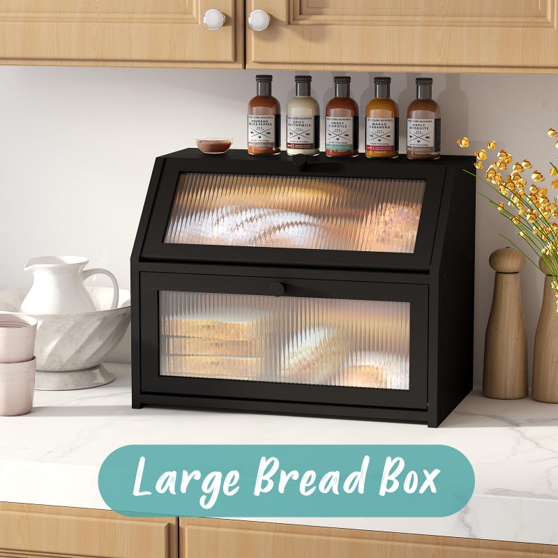 Vriccc Black Bread Box for Kitchen Counter, Large Bamboo Wood Double Layer Bread Box, Wooden Bread Storage Capacity - Image 2
