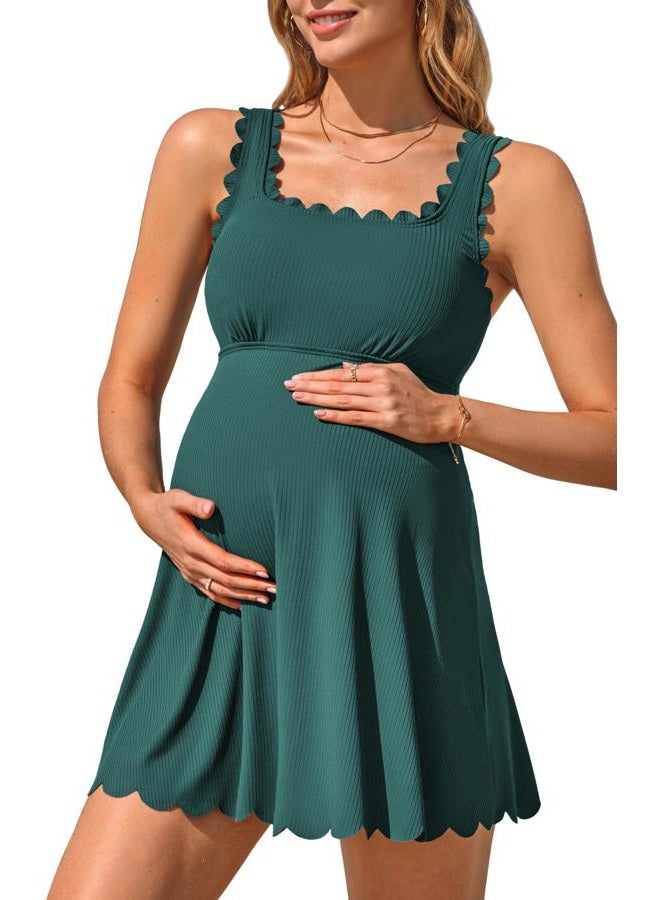 Charmo Ribbed Maternity Swimsuit One Piece Scalloped Pregnancy Bathing Suit Push Up Modest Swim Dress Swimwear 2026, Green, L - Image 1