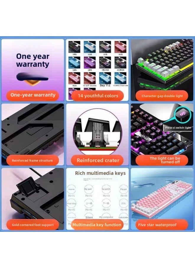 Generic - Mechanical Feel Game Backlit E-sports Office USB External Full-size Blue And White Double White Wired Keyboard-Color:White And Pink Two-color-color Light Keyboard [personalized Dual-piece]-single Keyboard [one-year Warranty] + E-sports Mouse - Image 1