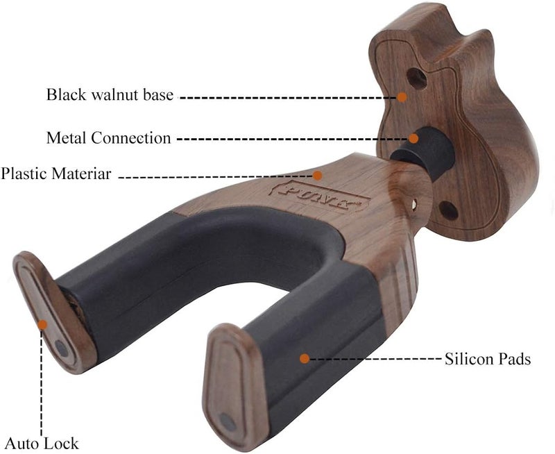 PUNK Black Walnut Hard Wood Base Auto Lock Guitar Wall Mount - Hanger for Acoustic, Electric, Classical & Bass - Image 3