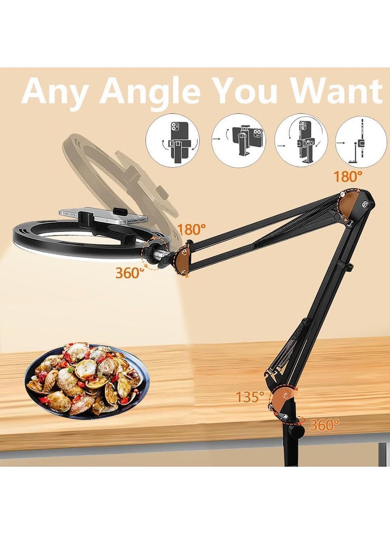 TYCOM Overhead Camera Mount with 10" Ring Light and Phone Holder for Desk,Phone Mount Arm Stand with Remote for iPhone,Overhead Tripod for Viedo Recording Vlog YouTube TikTok Live Stream Cooking Nail Art  - Image 1