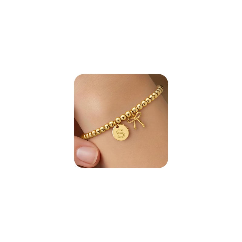 BAYLAY Gold Beaded Bracelets for Women-Initial Bracelet Dainty Gold Bracelets for Women Bead Bracelet Bow Jewelry for Mom Girlfriend Pulseras Para Mujer Valentine Birthday Gifts Waterproof Non Tarnish - Image 1