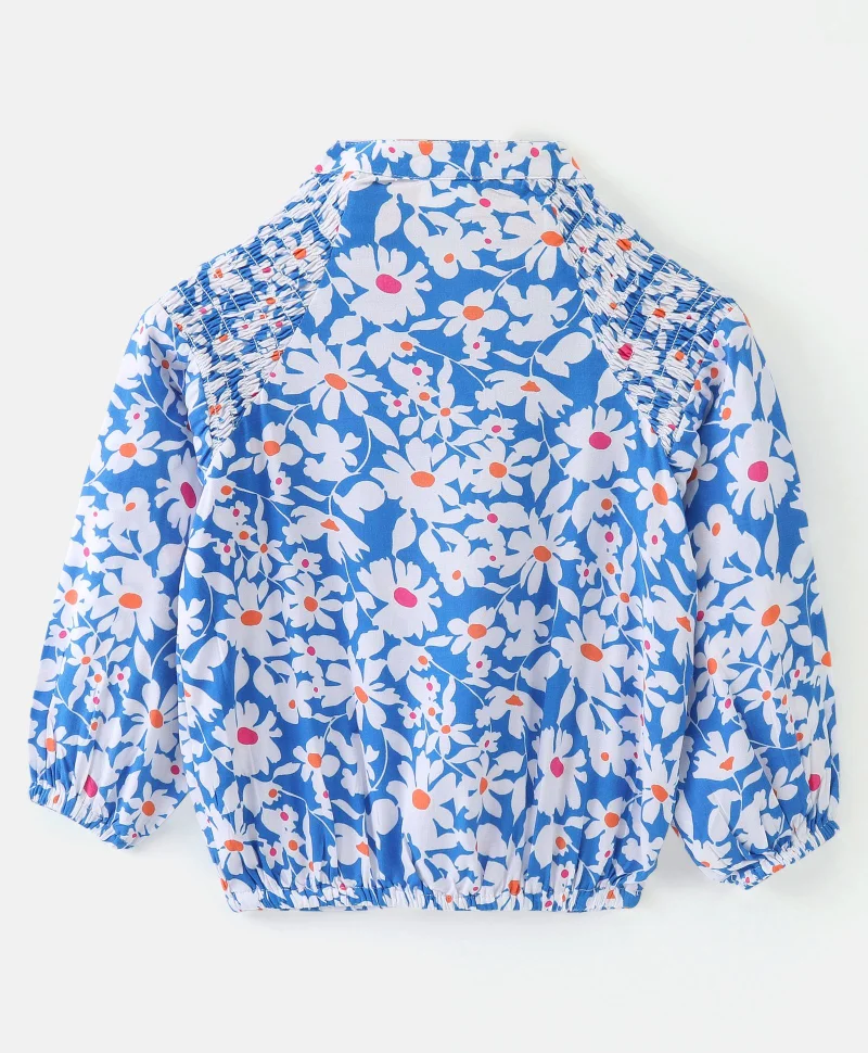 babyhug Babyhug Rayon Woven Full Sleeves Gathered Top With Floral Print - White & Blue