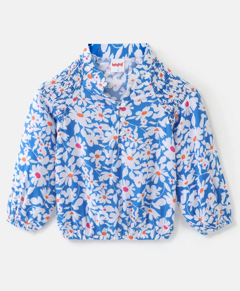 babyhug Babyhug Rayon Woven Full Sleeves Gathered Top With Floral Print - White & Blue